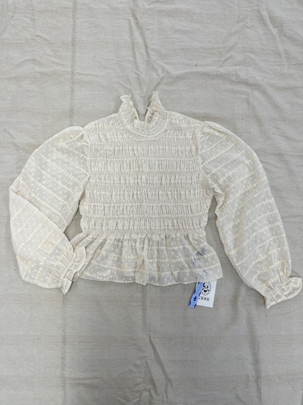 High Neck Shirred Lettuce Trim Long Sleeve Blouse